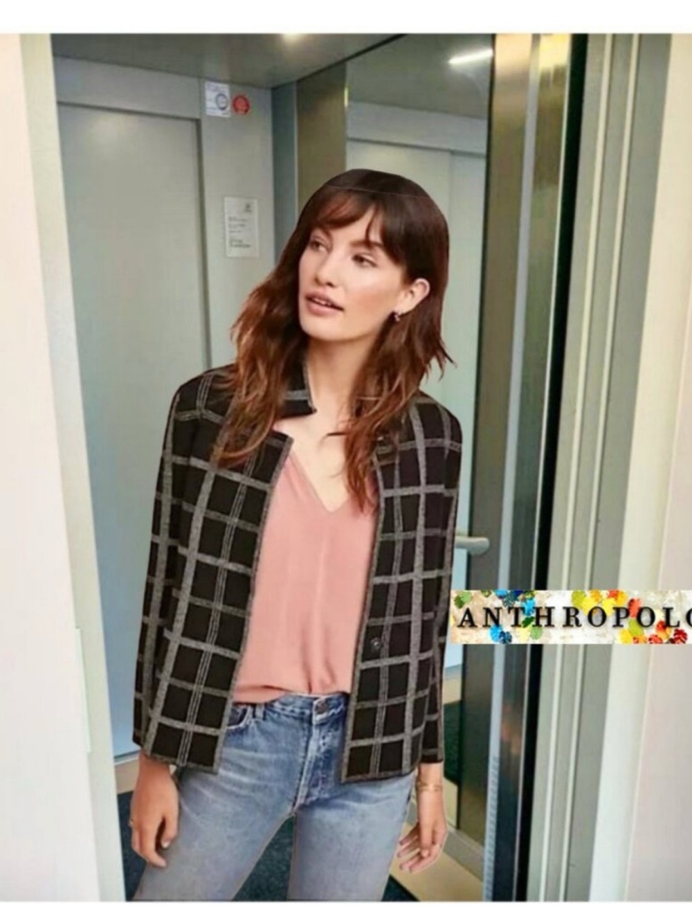 Anthropologie Black and Gray Windowpane Cropped Blazer